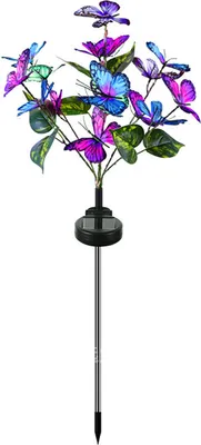 A decorative solar garden light with colorful butterflies and leaves on a white background.