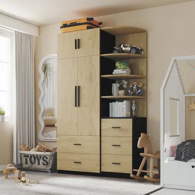 Produktbild von okwish Garderobenschränke mit Kleiderstange und offenen Ablagefächern, Kleiderschrank mit 5 Schubladen, Viel Stauraum,Natur