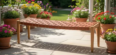 Produktbild von Stilvolle Gartenbank aus Holz mit Lederbezug für elegantes Design