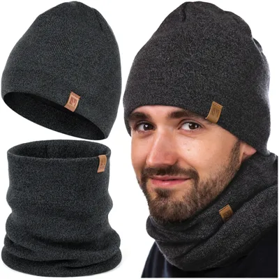 Produktbild von Herren Winterset Mütze Warme Strickmütze melliert Schlauchschal Rundschal Weiche Wintermütze Mit Thermo Fleece Gefüttert Loopschal Halswärmer 2er Set Dunkelgrau