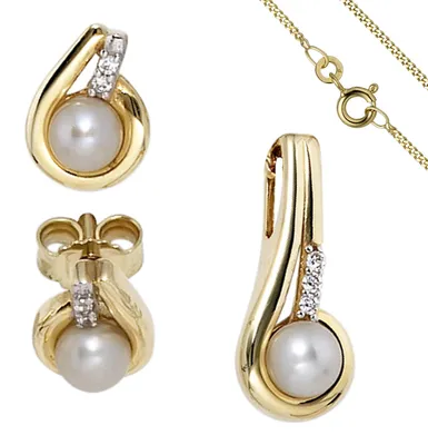 Produktbild von Schmuck-Set aus 333 Gold Gelbgold Perlen Zirkonia Ohrringe und Kette 42cm
