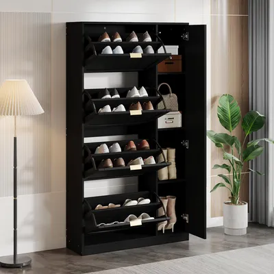 Zdjęcie produktu dla Nowoczesna szafka na buty ze lustrem, półka na buty z 4 drzwiczkami, szafka z regulowaną półką, szafka na buty o wymiarach 80x24x147 cm, kolor czarny