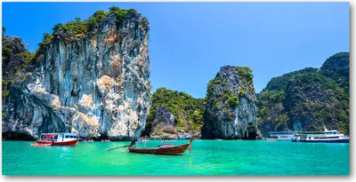 Produktbild von Tulup® Leinwandbild - 140x70 cm - Wandkunst - Drucke auf Leinwand - Leinwanddruck  - Landschaften - Grün - Boote Thailand