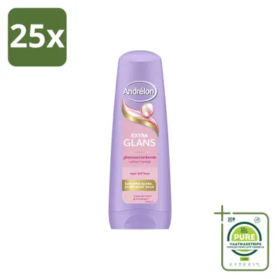 Immagine prodotto di 25 confezioni di balsamo Andrélon Extra Lucentezza, formato da 200 ml ciascuna. Confezione grande, composta da 25 pezzi
