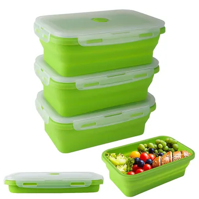 Produktbild von Faltbare Silikon Lunchbox (3er Set),1200ml Bento Box mit Hitze/Kältebeständig,quadratisch Auslaufsicher Jausenbox,grün