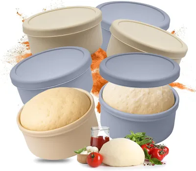 Productafbeelding van Pizzadeegbak set van 6 - Siliconen - Vriezerbestendig tot 350g - Deksel - Blauw-beige - 6.5x14.5x14.5 cm