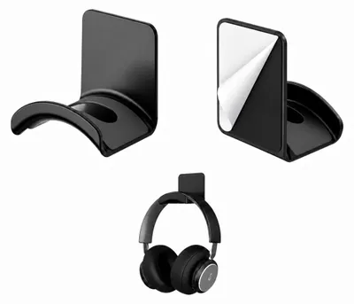 Image de Support casque autocollant sans perçage - Lot de 2 - Noir - Pour bureau, mur et écran