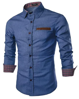 Productafbeelding van Elzusha - Heren Casual Denim Overhemd Lange Mouw - Button Down Kraag - Regular Fit - Lichtblauw - Maat M