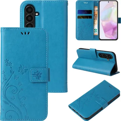 Collage of images showing a blue flip phone case with floral and butterfly embossing from different angles.