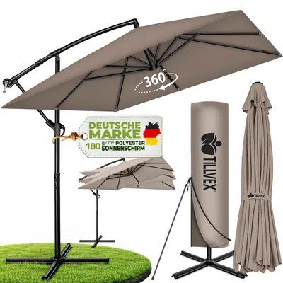 Produktbild von tillvex® Alu Sonnenschirm Rechteckig Ø 330 cm Cappuccino + Abdeckung mit Kurbel | Ampelschirm Eckig mit Ständer & Windschutz | Gartenschirm UV-Schutz Aluminium | Kurbelschirm Marktschirm wasserdicht 360° drehbar, KI-generiertes Bild