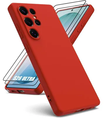 Image de Coque + 2 Verres Trempés pour Samsung Galaxy S26 Ultra, Protection Silicone Doux Ultra Slim Anti-Rayures Antichoc Rouge