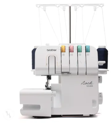 A white Brother overlock sewing machine with spools of thread on a white background.