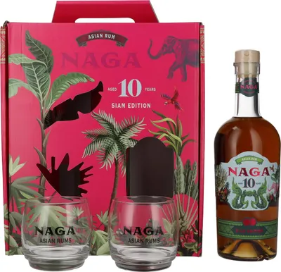 Produktbild von Naga 10 Years Old Asian Rum SIAM EDITION 40% Vol. 0,7l in Geschenkbox mit 2 Gläsern