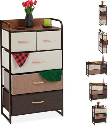 Produktbild von Famanu Beistellschrank mit 5 Schubladen - Klappbare Körbe - Stahlrahmen - 100 x 58 x 31,5 cm - Braun