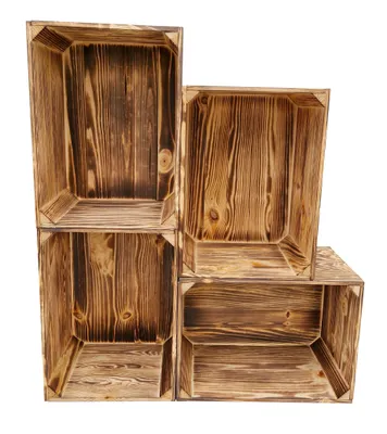 Four wooden crates stacked in a pyramid formation against a white background.