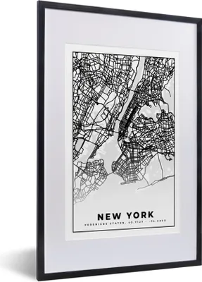 Produktbild von MuchoWow® Gerahmtes Poster New York - Stadtplan - Schwarz und weiß - Karte 40x60 cm - Poster mit Schwarzem Bilderrahmen Wandposter Rahmen Foto Bilder - Poster in Rahmen