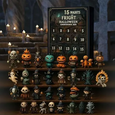Produktbild von 15 Nächte des Schreckens - Halloween-Countdown-Box, Adventskalender 2025, Mini Dekorationen & Charms zum Aufhängen, Gruselige Puppen zum Sammeln