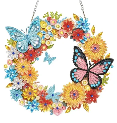 Productafbeelding van Diamantverfset Vlinder, bloemenkrans, 20 cm, doe-het-zelf, decoratie voor ramen, wanddecoratie, lente