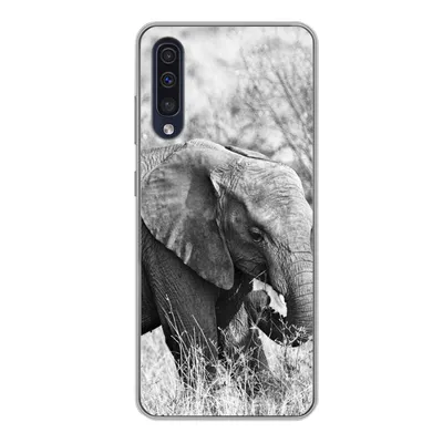 Produktbild von MuchoWow® Handyhülle Schutzhülle Hülle für Samsung Galaxy A50 Elefant - Tiere - Gras - Schwarz und weiß Silikon Softcase Handy Hülle - Mobiltelefonhülle