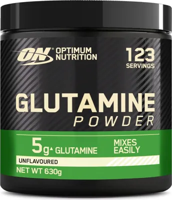 A product shot of a container of Optimum Nutrition Glutamine Powder.