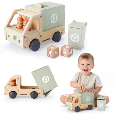 Obrázok produktu pre Mamabrum Drevené smetiarske auto pre deti – recyklačné nákladné auto s príslušenstvom, triediaca hra, vzdelávacia hračka od 3 rokov