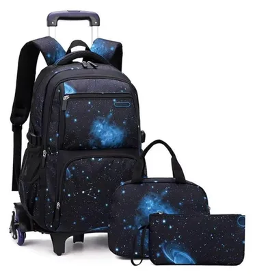 Produktbild von Schulrucksack Trolley Set 3-teilig mit Lunchtasche & Federmäppchen, Blau Sternenhimmel