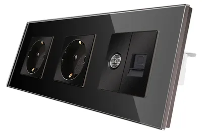 Zdjęcie produktu dla Gniazdo ścienne 228 x 86 mm, podwójne Schuko, CAT6 i TV, do salonu, 250 V / 16 A, czarne