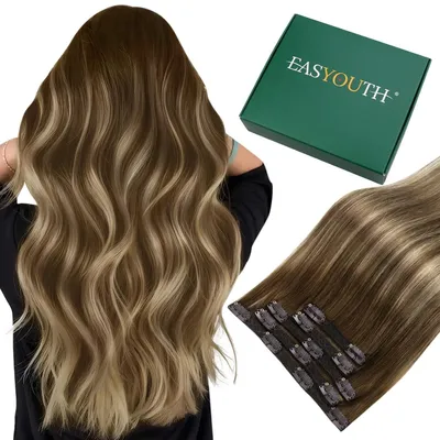 Immagine prodotto di Estensioni per capelli da applicare, capelli veri, effetto ombre, marrone scuro, balayage, biondo miele, set da 5 pezzi, 55 cm, 70g
