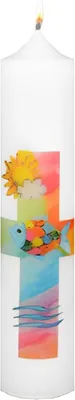 Produktbild von Taufkerze 265 x Ø 60 mm in Weiß Kreuz, Fisch, Wasserwellen und Namensverzierung