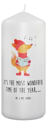 Produktbild von Mr. & Mrs. Panda Kerze Fuchs Sänger 19 x 8 cm - Weiß - Geschenk, Bedruckte, Weihnachten, Stumpenkerze, Singen, Erinnerungskerze, Heiligabend, Wachskerze, Winter