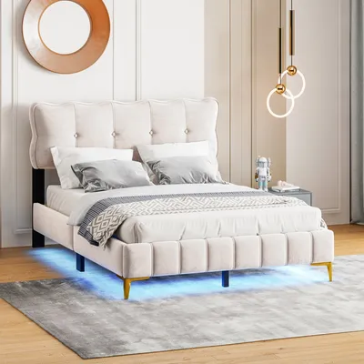 Produktbild von Polsterbett 140x200 cm Doppelbett Beige(Ohne Matratze)mit LED-Leuchten mit Rückenlehne mit Lattenrost Samtstoff hohe Metallfüße