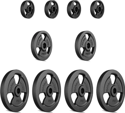 Produktbild von Marbo Sport Tri-Grip Guss Hantelscheiben-Set Gewichte mit ø30/31 mm Bohrung | Set  29 kg / 4 x 5 kg + 2 x 2,5 kg + 4 x 1 kg