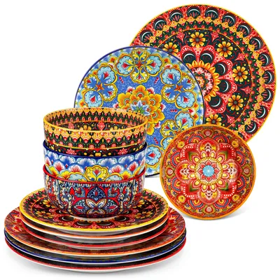 Image de Service de table pour 4 personnes, 12 pièces de service combiné en porcelaine, set de vaisselle avec assiette plate, assiette à dessert, bols, style bohème