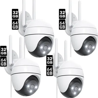 Produktbild von Überwachungskamera außen Akku Kamera kabellos: 2k Wlan Kamera Outdoor 360° PTZ 32&64GB 4er-Set