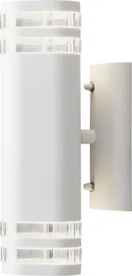 A white outdoor wall light with clear acrylic glass elements.