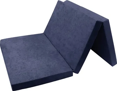 A folded navy blue mattress on a white background.