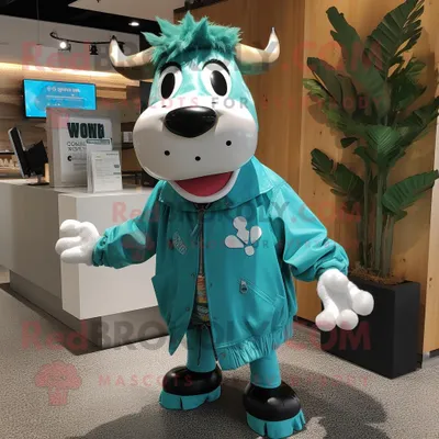Produktbild von Türkisfarbene REDBROKOLY Kuh Maskottchen Kostüm figur bekleidet mit einer Windjacke und Ohrringen