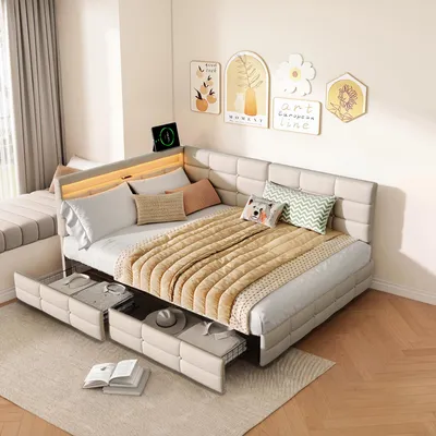 Immagine prodotto di Letto imbottito ProximaX 140x200 cm, tessuto in lino beige, testiera a L, illuminazione a LED, presa USB, cassetti ai piedi del letto