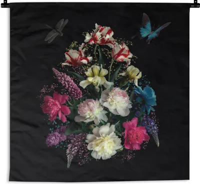 Produktbild von MuchoWow® Wandteppich Wandbehang Blumen - Schmetterling - Stilleben 60x60 cm Tapisserie Dekoration Wandtuch - Dekorationen - Wand Decke