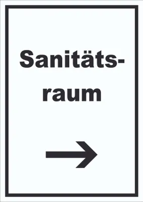 Produktbild von Sanitätsraum Schild mit Text und Richtungspfeil rechts Krankenzimmer hochkant A4 Rückseite selbstklebend