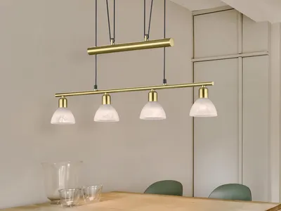 Produktbild von Höhenverstellbare LED Balken Pendelleuchten Messing matt 4 flammig Esstischlampe