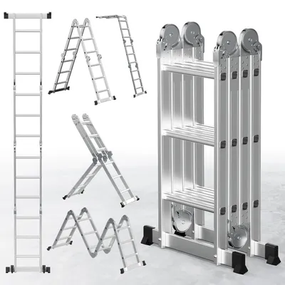 Obrázek produktu pro Peviasot 7v1, univerzální hliníková žebřík s 4x3 schůdky, výška cca 360 cm / 3,6 m, skládací žebřík s kloubovým mechanismem, s protiskluzovými nožkami, vhodný pro domácnost, maximální nosnost 150 kg
