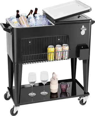 Produktbild von VEVOR Kühlwagen Getränkewagen 75,71 L bis zu 50 Flaschen / 110 Dosen, Beistellwagen für Terrassenpartys und Bars mit unterem Regal & Seitenkorb & Flaschenöffner & Deckel, Getränkekühler Schwarz