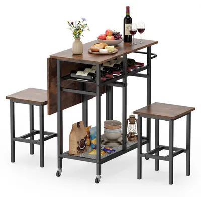 Produktbild von COSTWAY Essgruppe mit 2 Stühlen, Esstisch mit Rollen, 6-Flaschen Weinregal & Regal, Küchentisch für 2 Personen, Esszimmergruppe, Sitzgruppe, Braun