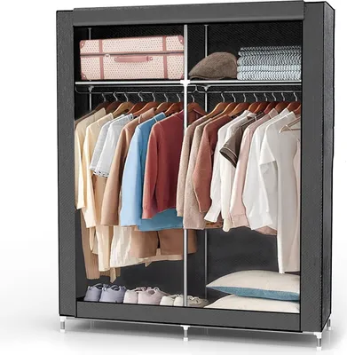 Produktbild von Intirilife Faltschrank 108x45x170 cm in MAUS GRAU - Schrank mit Reißverschluss aus Stoff Kleiderschrank mit Kleiderstange, Seitentasche und Fächern - Camping Garderobe Textil Steckschrank