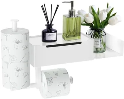 Productafbeelding van PromoHome® Wandgemonteerde toiletrolhouder met opbergvak en compartiment voor vochtige doekjes, 20 x 15 x 25 cm, wit