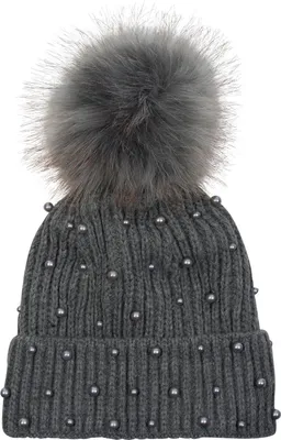 Produktbild von styleBREAKER Damen Strick Bommelmütze mit Perlen und Fleece Futter, warme Winter Fellbommel Mütze, Fake Fur 04024155