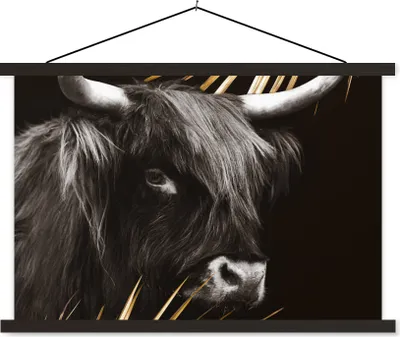 Produktbild von MuchoWow® Textilposter Schottisches Hochlandrind - Gold - Schwarz - Weiß 120x80 cm mit schwarzem Rahmen - Wanddeko