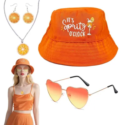 Immagine prodotto di Set di 4 cappellini Fischerhut arancioni, unisex, pieghevoli, con occhiali, orecchini e collana