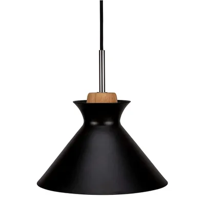 A black pendant light with a wooden accent, suspended by a cord.